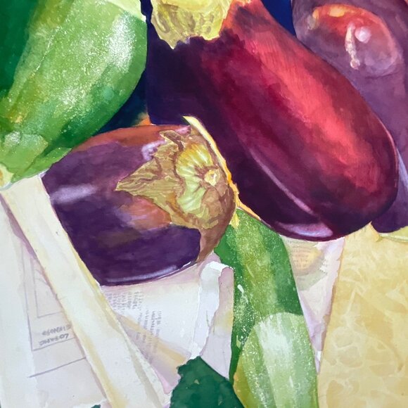 Vibrant Still Life Watercolor Painting Of Eggplants and Zucchini On Rustic Backg - Picture 6 of 9